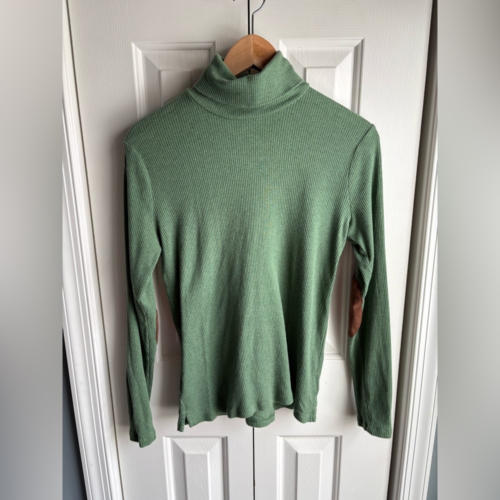Lauren Ralph Lauren Womens Green Ribbed Knit Turtleneck Elbow Patches Size Large